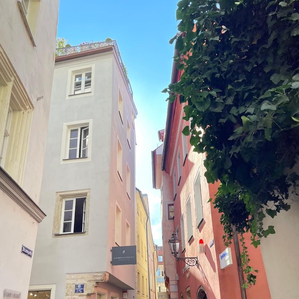 A narrow alleyway between colorful buildings. The buildings are lined with windows. A bush overhangs the alleyway.